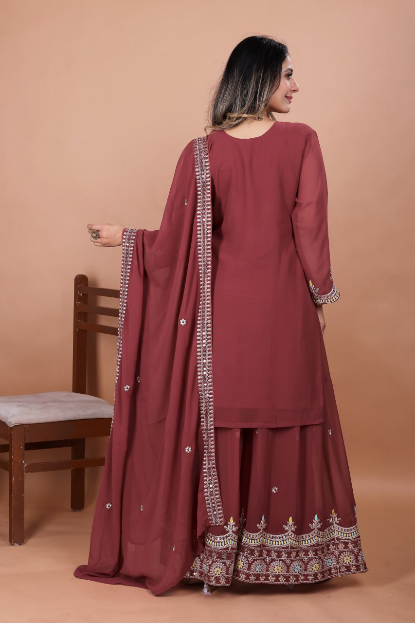 Prazu Fashion Gajri Red Georgette Embroidered Sharara Suit