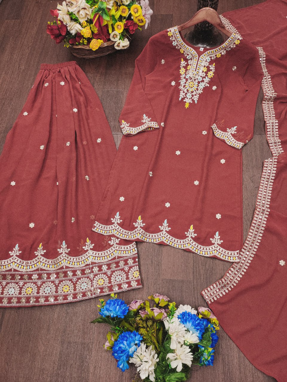 Prazu Fashion Gajri Red Georgette Embroidered Sharara Suit