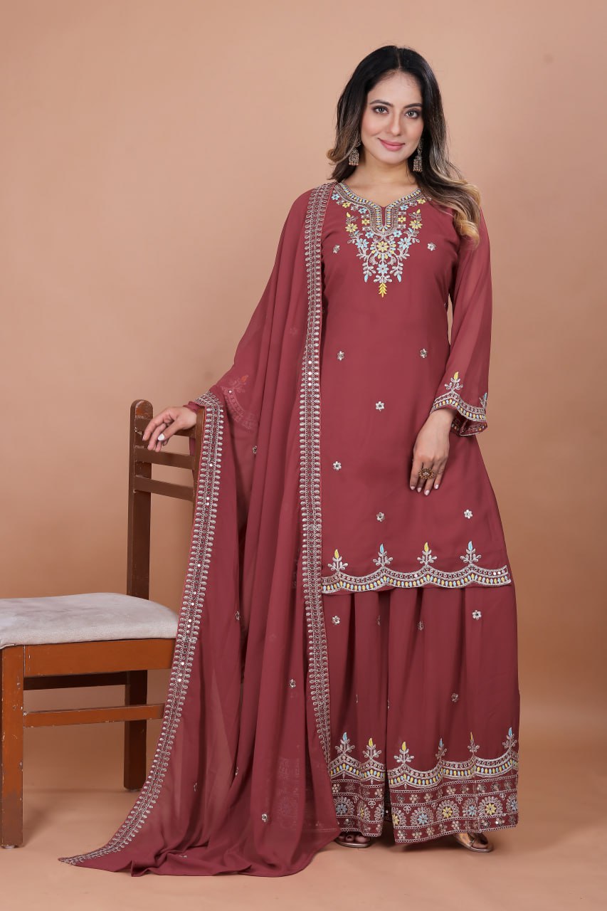 Prazu Fashion Gajri Red Georgette Embroidered Sharara Suit