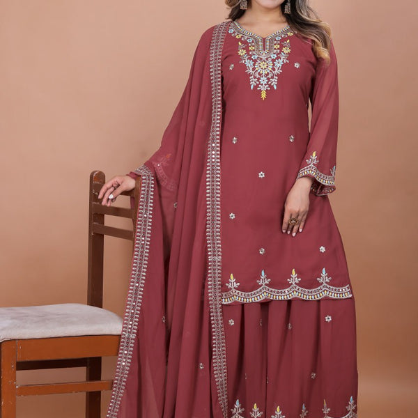 Prazu Fashion Gajri Red Georgette Embroidered Sharara Suit