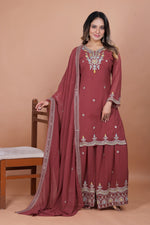 Thumbnail for Prazu Fashion Gajri Red Georgette Embroidered Sharara Suit