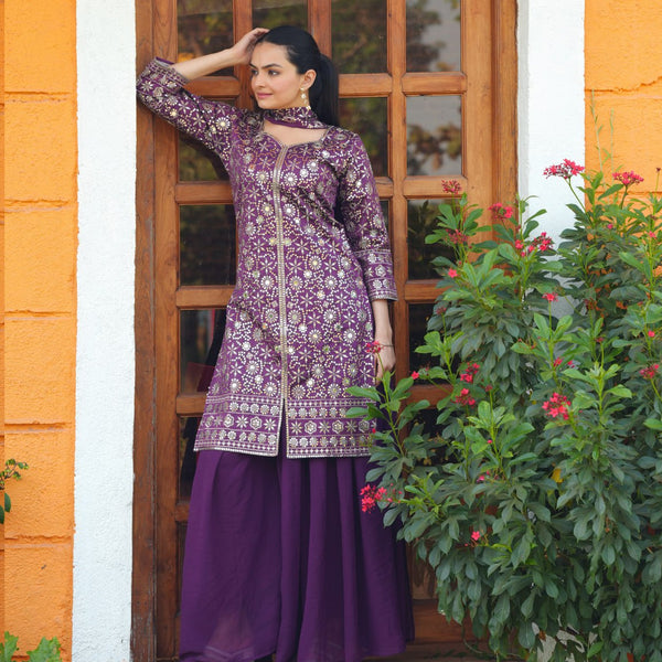 Prazu Fashion Purple Tapeta Silk With Fusing Embroidered Mirror Work Sharara Suit