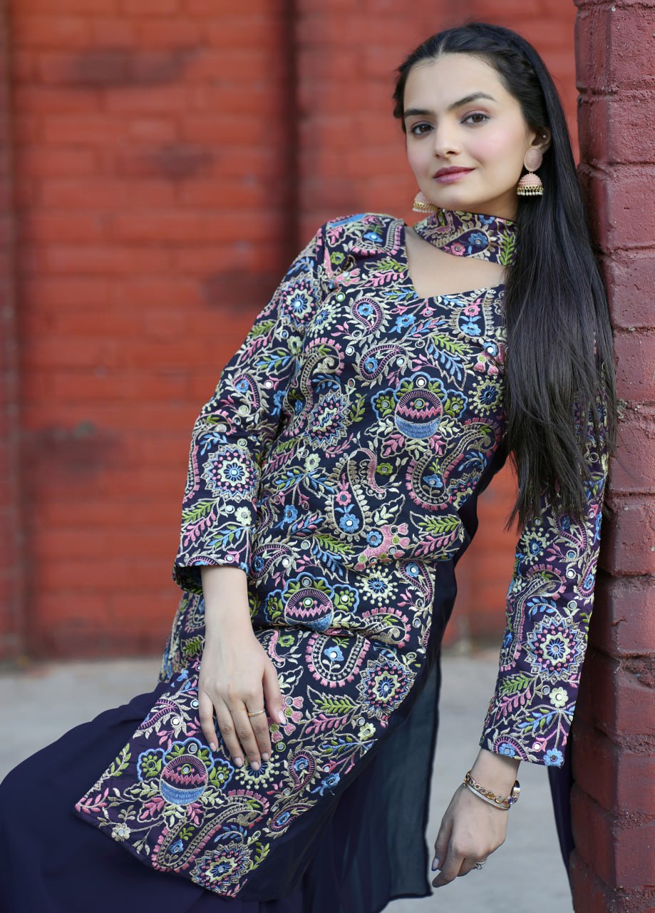 Prazu Fashion Blue Tapeta Silk With Fusing Embroidered Sharara Suit