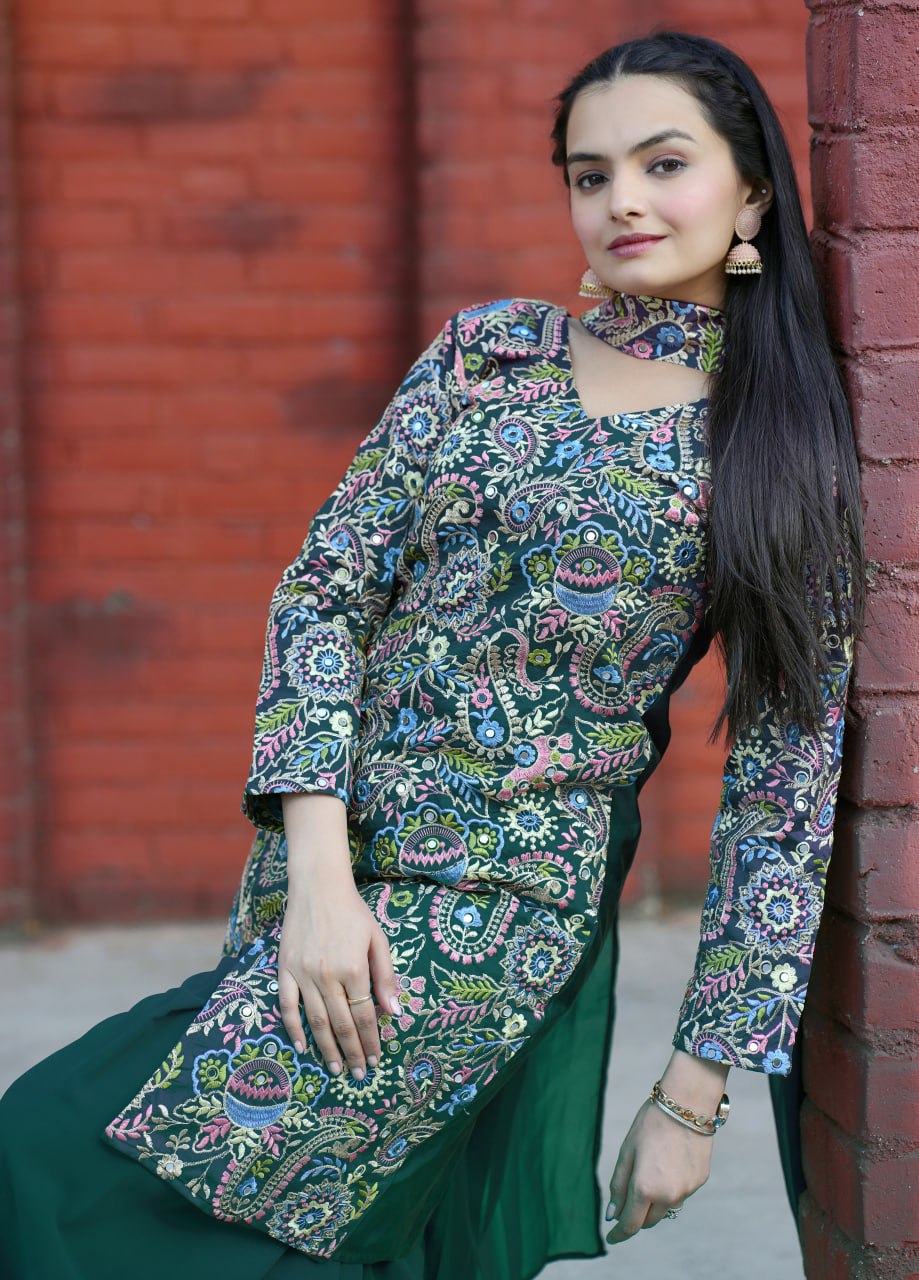 Prazu Fashion Green Tapeta Silk With Fusing Embroidered Sharara Suit