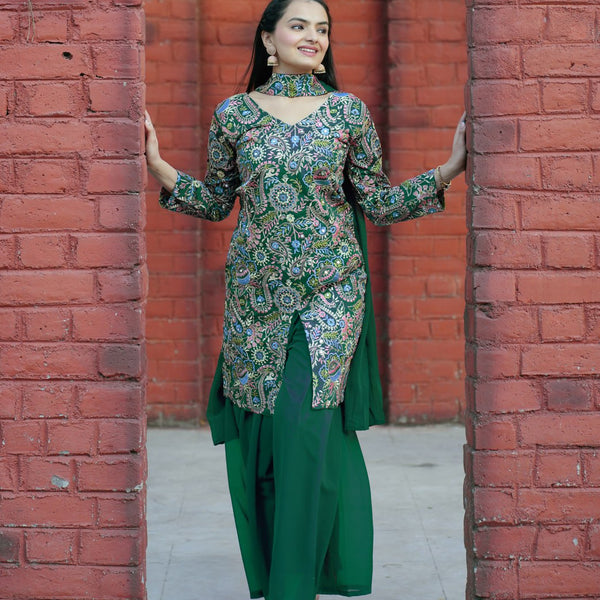 Prazu Fashion Green Tapeta Silk With Fusing Embroidered Sharara Suit
