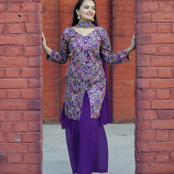 Prazu Fashion Violet Tapeta Silk With Fusing Embroidered Sharara Suit