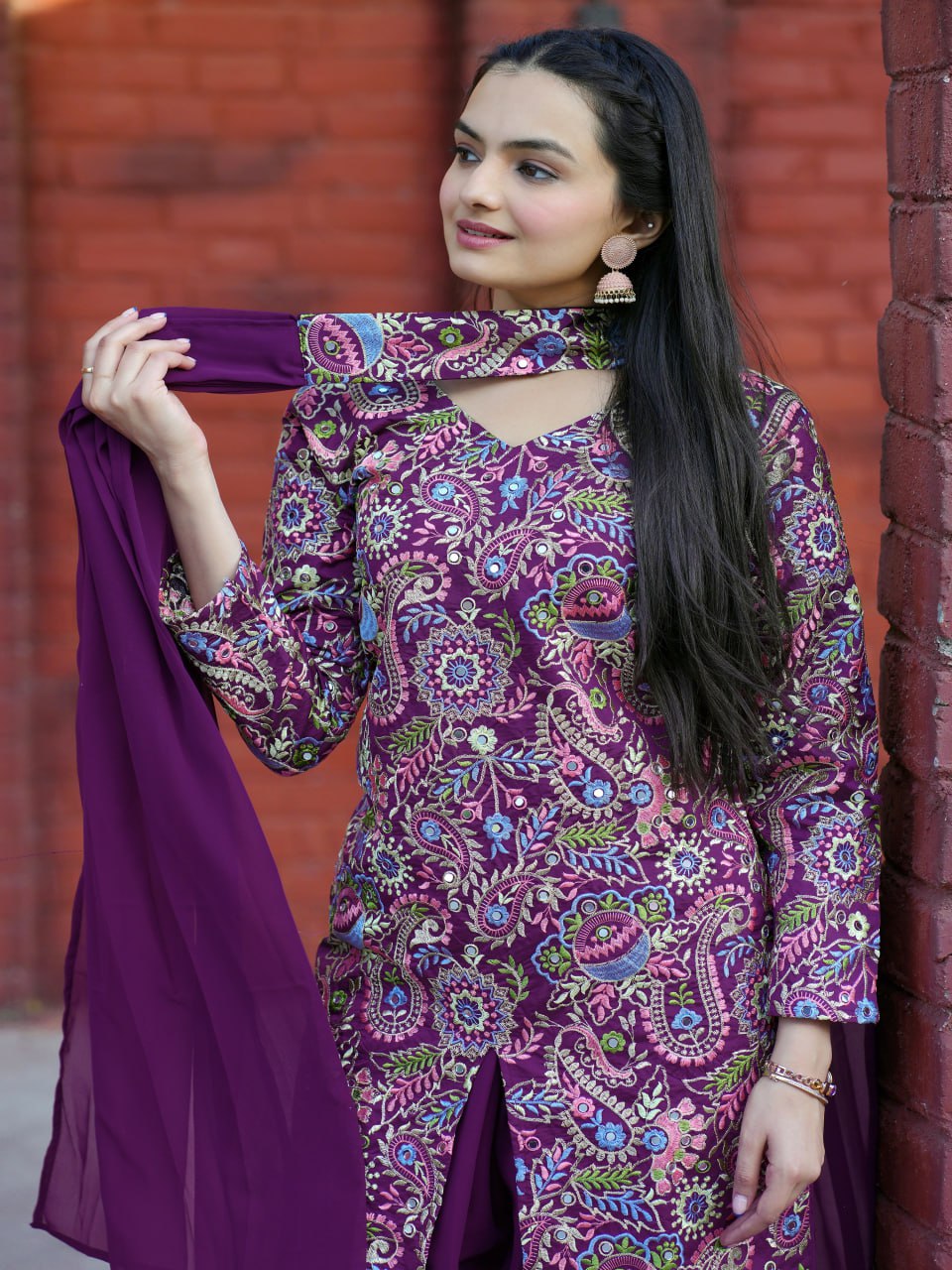 Prazu Fashion Wine Tapeta Silk With Fusing Embroidered Sharara Suit