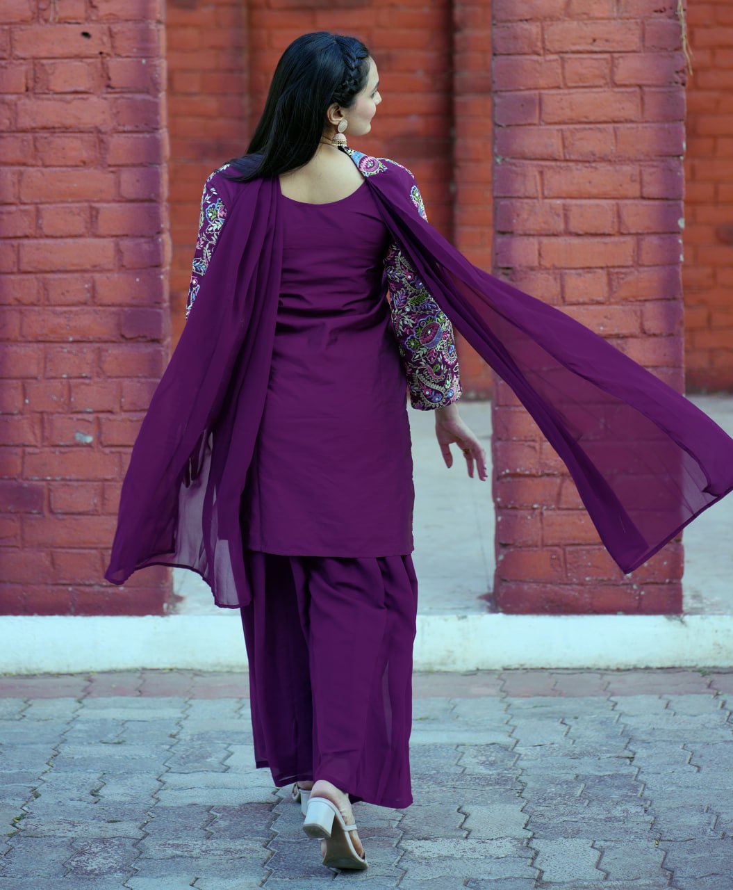 Prazu Fashion Wine Tapeta Silk With Fusing Embroidered Sharara Suit