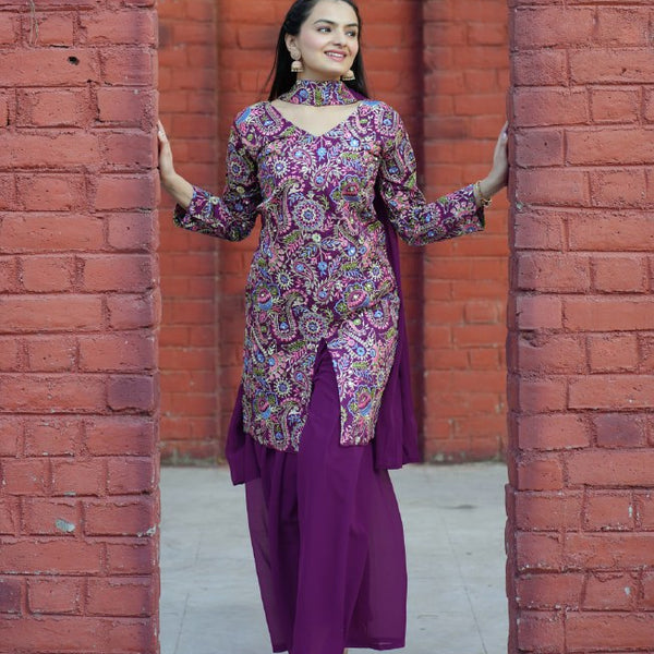 Prazu Fashion Wine Tapeta Silk With Fusing Embroidered Sharara Suit