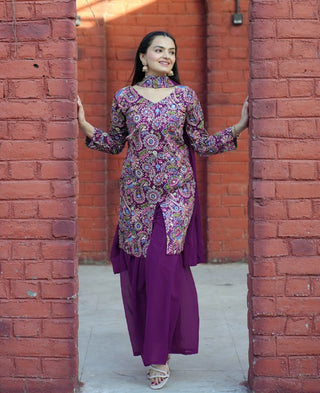 Prazu Fashion Wine Tapeta Silk With Fusing Embroidered Sharara Suit