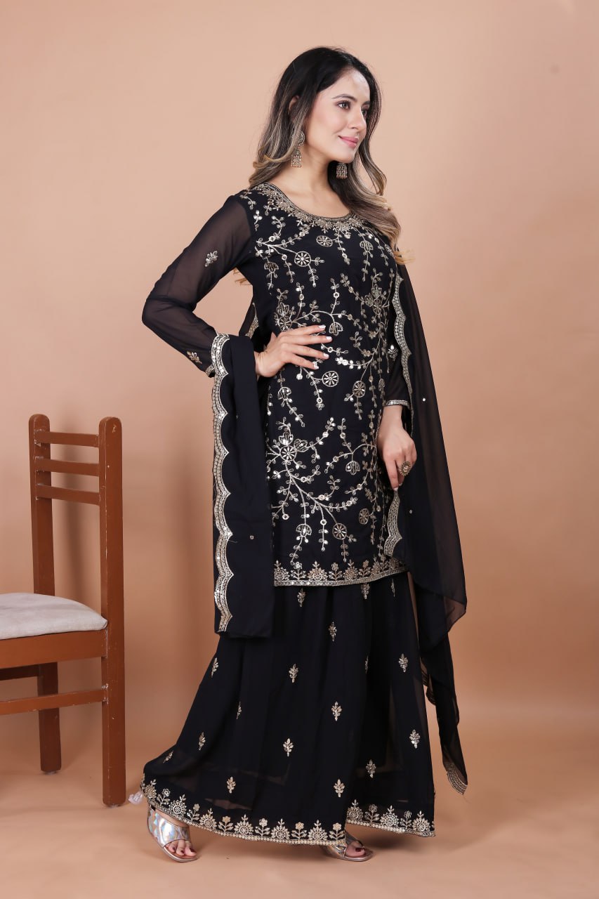 Prazu Fashion Black Georgette Embroidered Sequence Sharara Suit