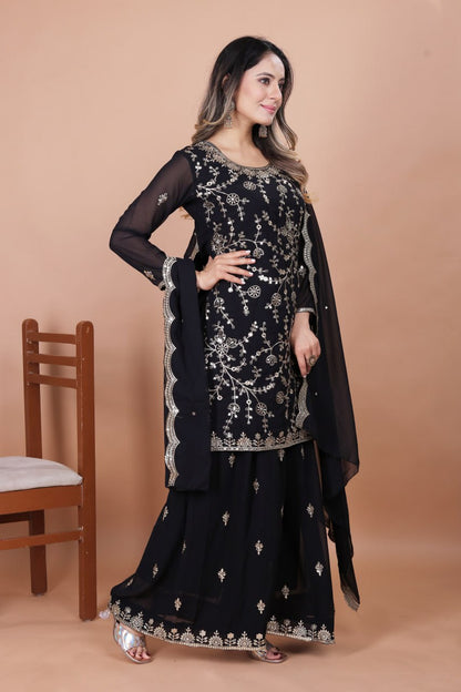 Prazu Fashion Black Georgette Embroidered Sequence Sharara Suit - Distacart