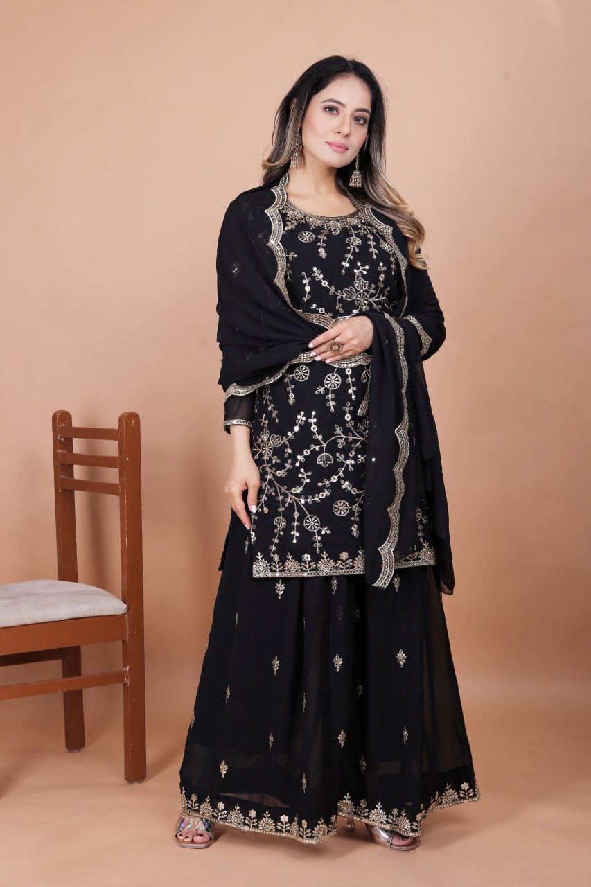 Prazu Fashion Black Georgette Embroidered Sequence Sharara Suit