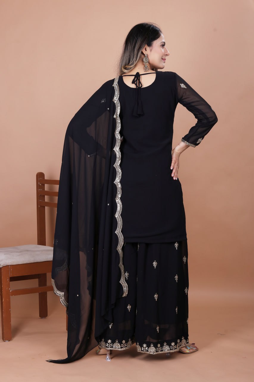 Prazu Fashion Black Georgette Embroidered Sequence Sharara Suit