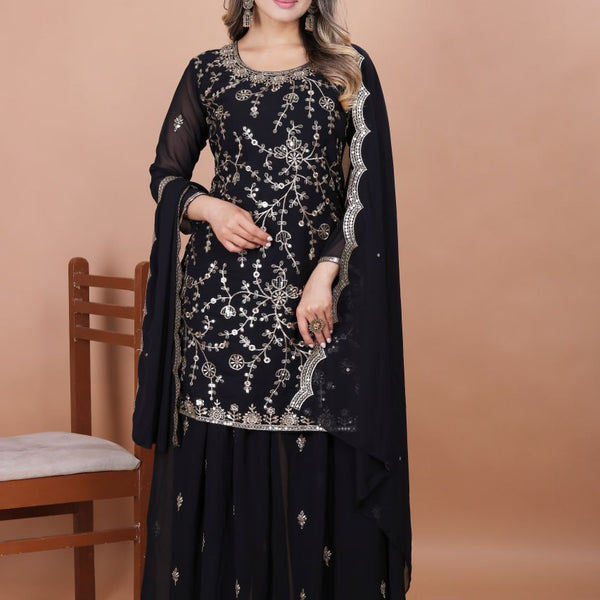 Prazu Fashion Black Georgette Embroidered Sequence Sharara Suit