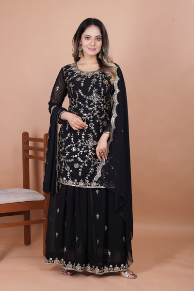 Prazu Fashion Black Georgette Embroidered Sequence Sharara Suit