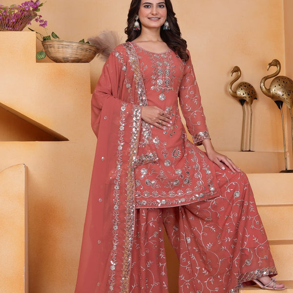Prazu Fashion Peach Georgette Sequin Embroidered Sharara Suit