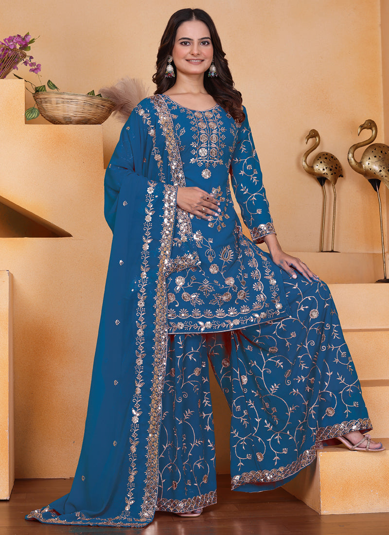 Prazu Fashion Blue Georgette Sequin Embroidered Sharara Suit - Distacart