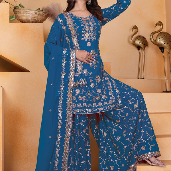 Prazu Fashion Blue Georgette Sequin Embroidered Sharara Suit - Distacart