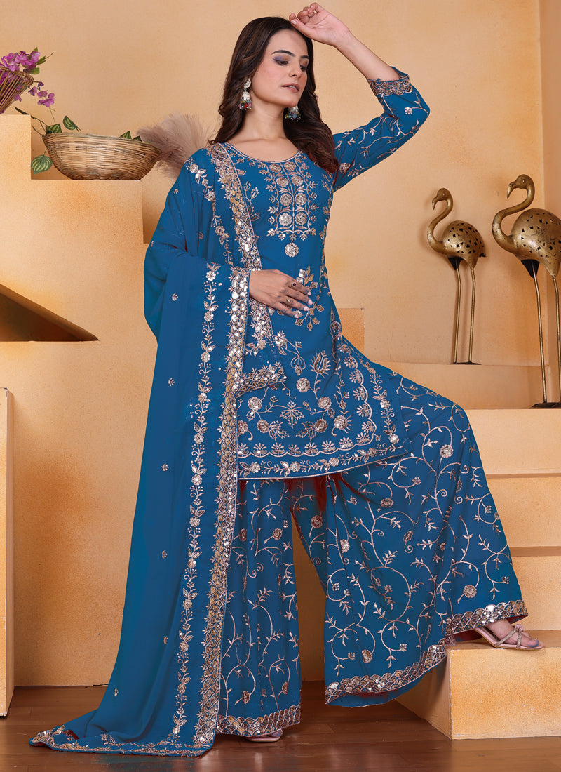 Prazu Fashion Blue Georgette Sequin Embroidered Sharara Suit - Distacart