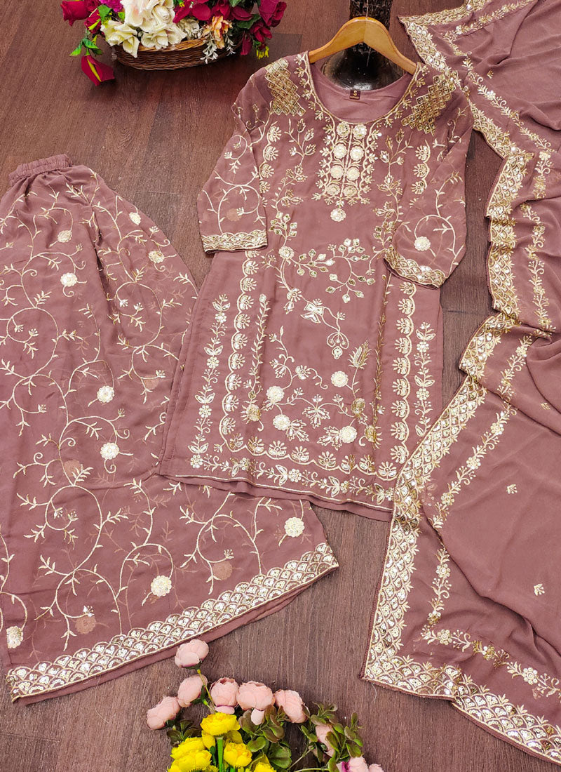 Prazu Fashion Onion Pink Georgette Sequin Embroidered Sharara Suit - Distacart