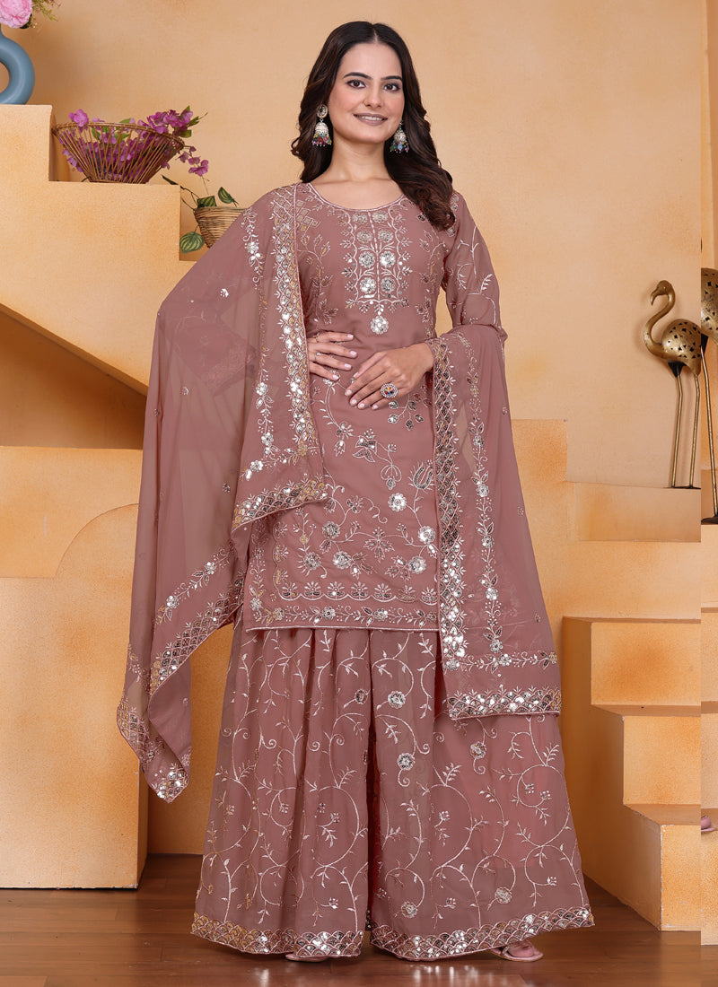 Prazu Fashion Onion Pink Georgette Sequin Embroidered Sharara Suit - Distacart