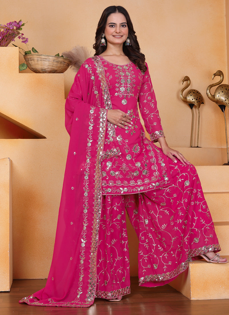 Prazu Fashion Pink Georgette Sequin Embroidered Sharara Suit - Distacart