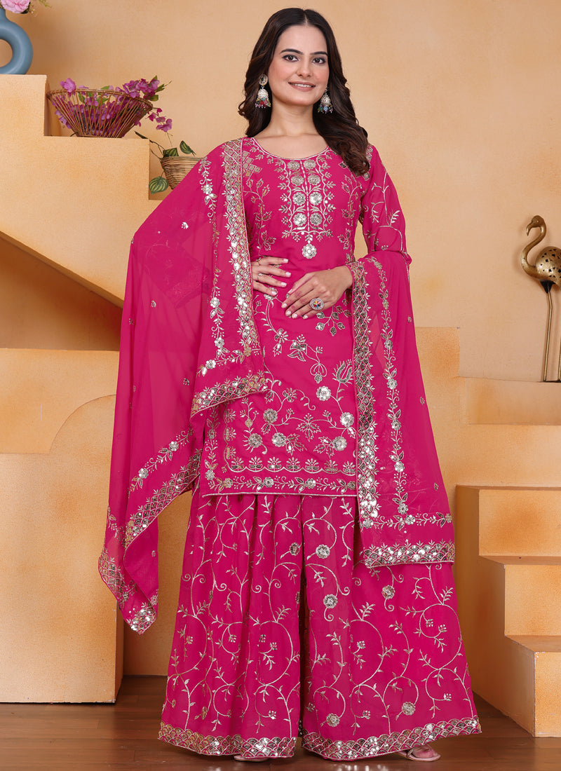 Prazu Fashion Pink Georgette Sequin Embroidered Sharara Suit - Distacart