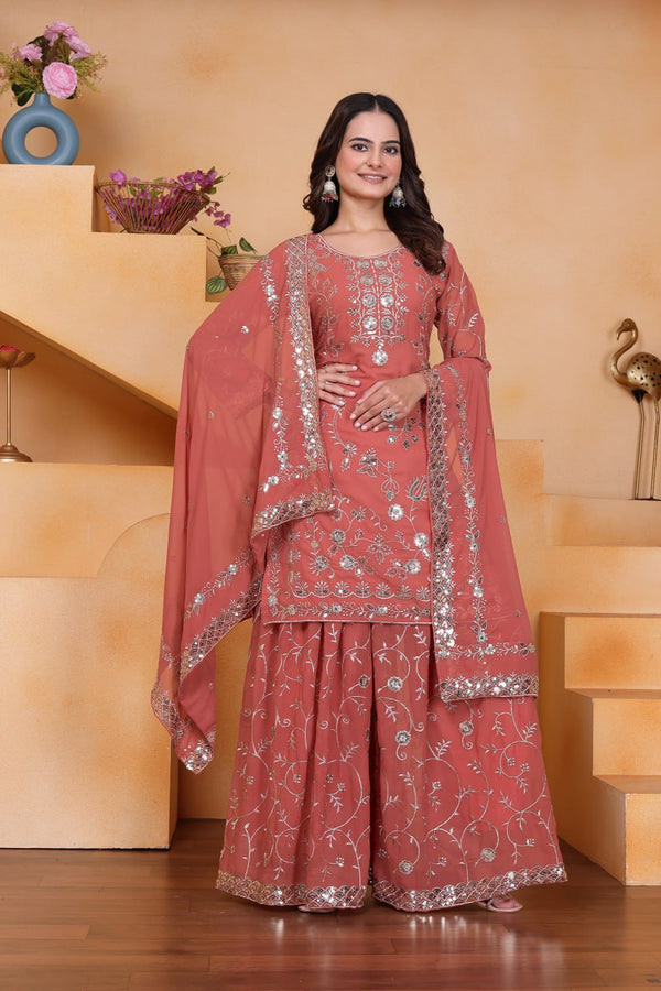 Prazu Fashion Peach Georgette Sequin Embroidered Sharara Suit