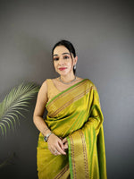 Thumbnail for Joban Fashion Lime Green Butti Woven Soft Lichi Silk Paithani Saree - Distacart