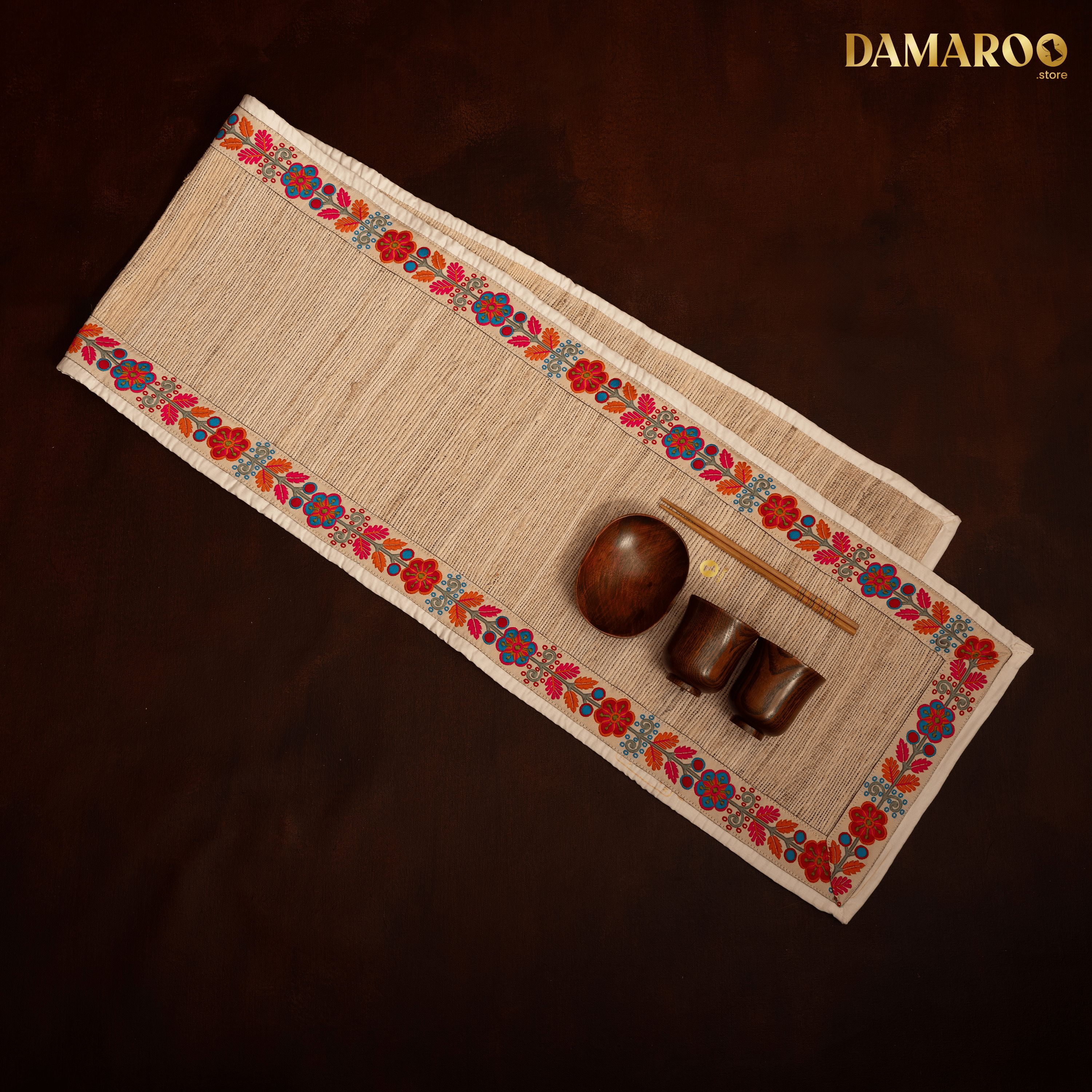Damaroo 72x12 inch | Beige Banana Fiber Table Runner | Floral Elegance Border - Beige - Distacart
