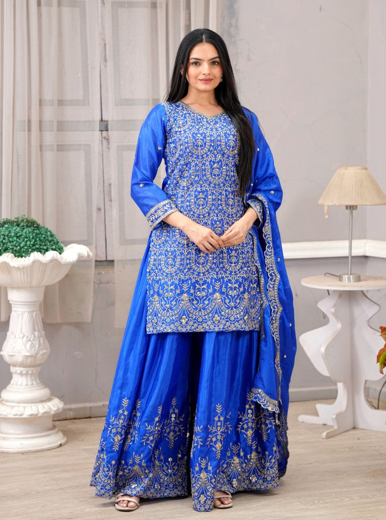 Lehenga Mart Designer Chinon Sharara Suit With Sequence Embroidered Work - Blue - Distacart