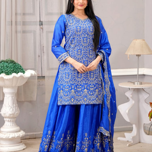 Lehenga Mart Designer Chinon Sharara Suit With Sequence Embroidered Work - Blue - Distacart