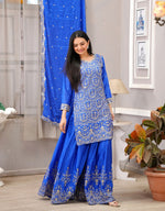 Thumbnail for Lehenga Mart Designer Chinon Sharara Suit With Sequence Embroidered Work - Blue - Distacart