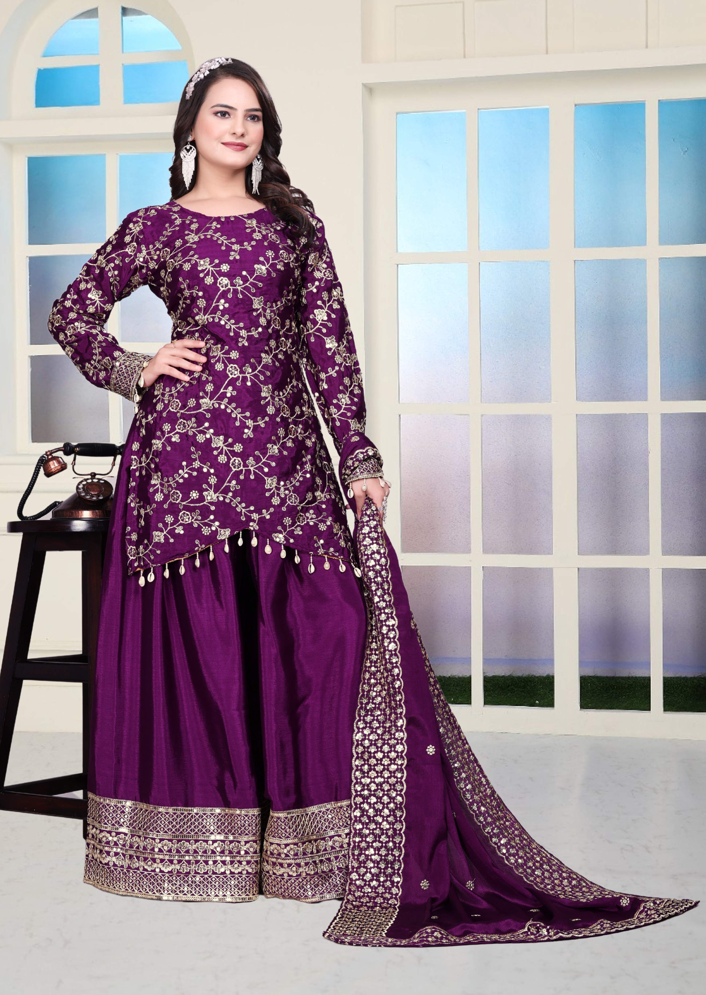 Lehenga Mart Designer Chinon Sharara Suit With Sequence Embroidered Work - Purple - Distacart