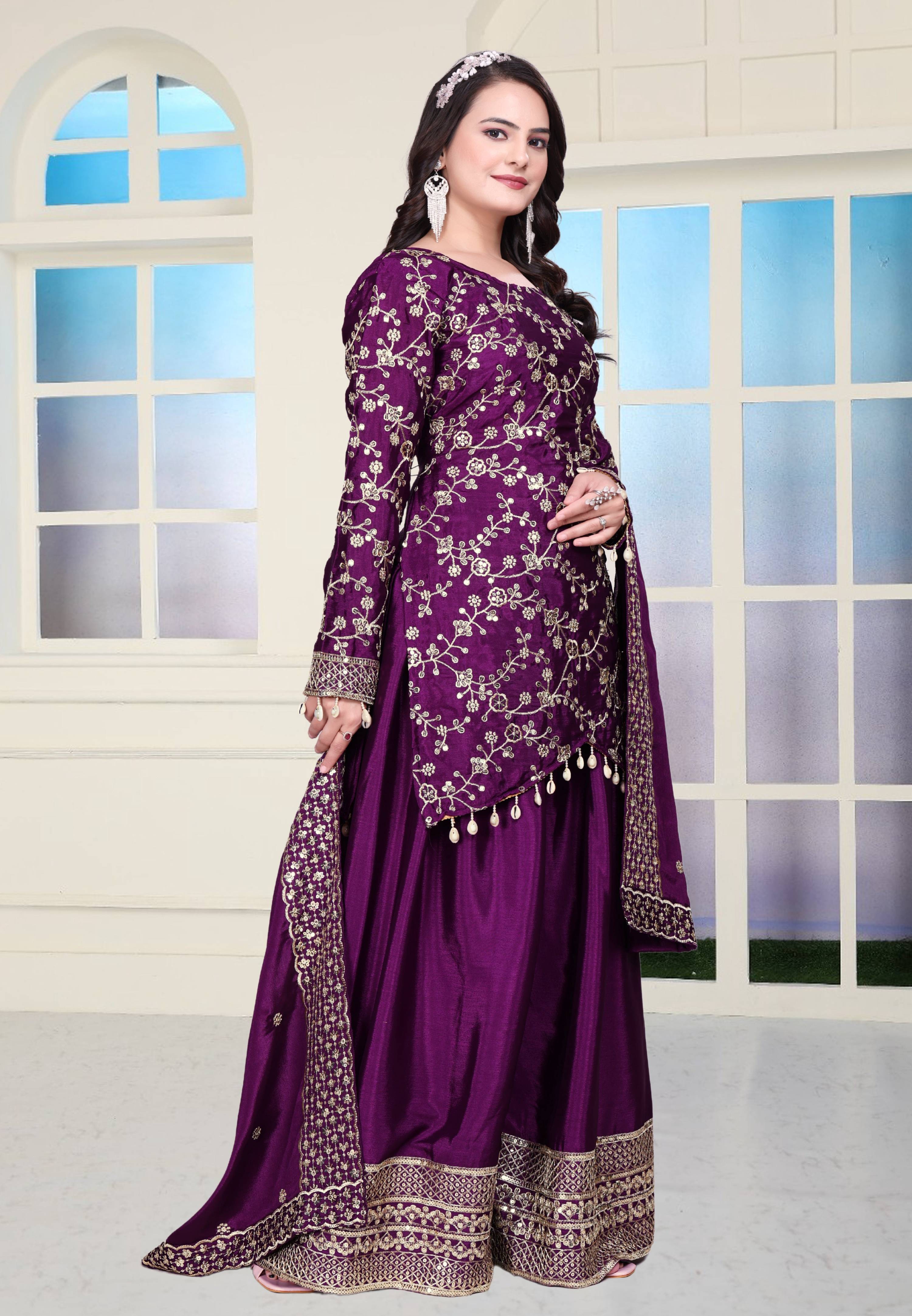 Lehenga Mart Designer Chinon Sharara Suit With Sequence Embroidered Work - Purple - Distacart