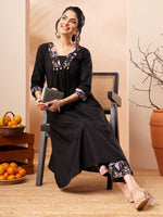 Thumbnail for Janasya Black A-Line Cotton Kurta & Bottom - Dista