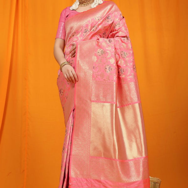 Jyoti Fashion Women's Pink Kanjivaram Silk Zari Woven Saree with Blouse - Distacart