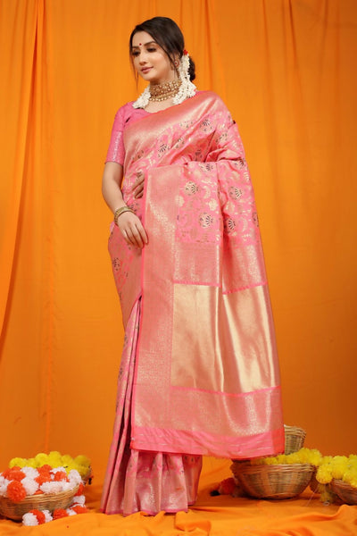 Jyoti Fashion Women's Pink Kanjivaram Silk Zari Woven Saree with Blouse - Distacart