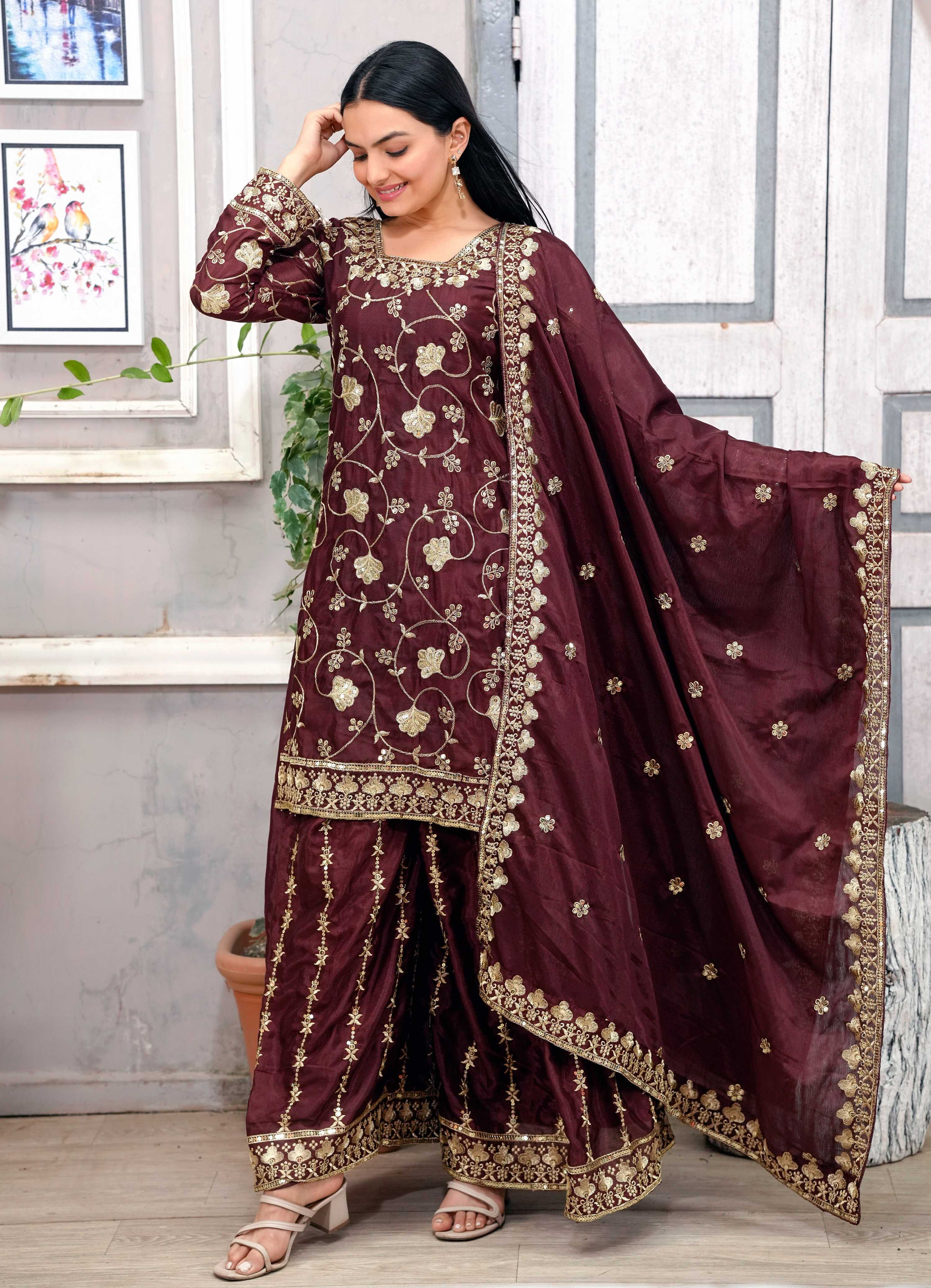 Lehenga Mart Designer Chinon Sharara Suit With Sequence Embroidered Work - Brown - Distacart