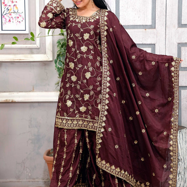 Lehenga Mart Designer Chinon Sharara Suit With Sequence Embroidered Work - Brown - Distacart