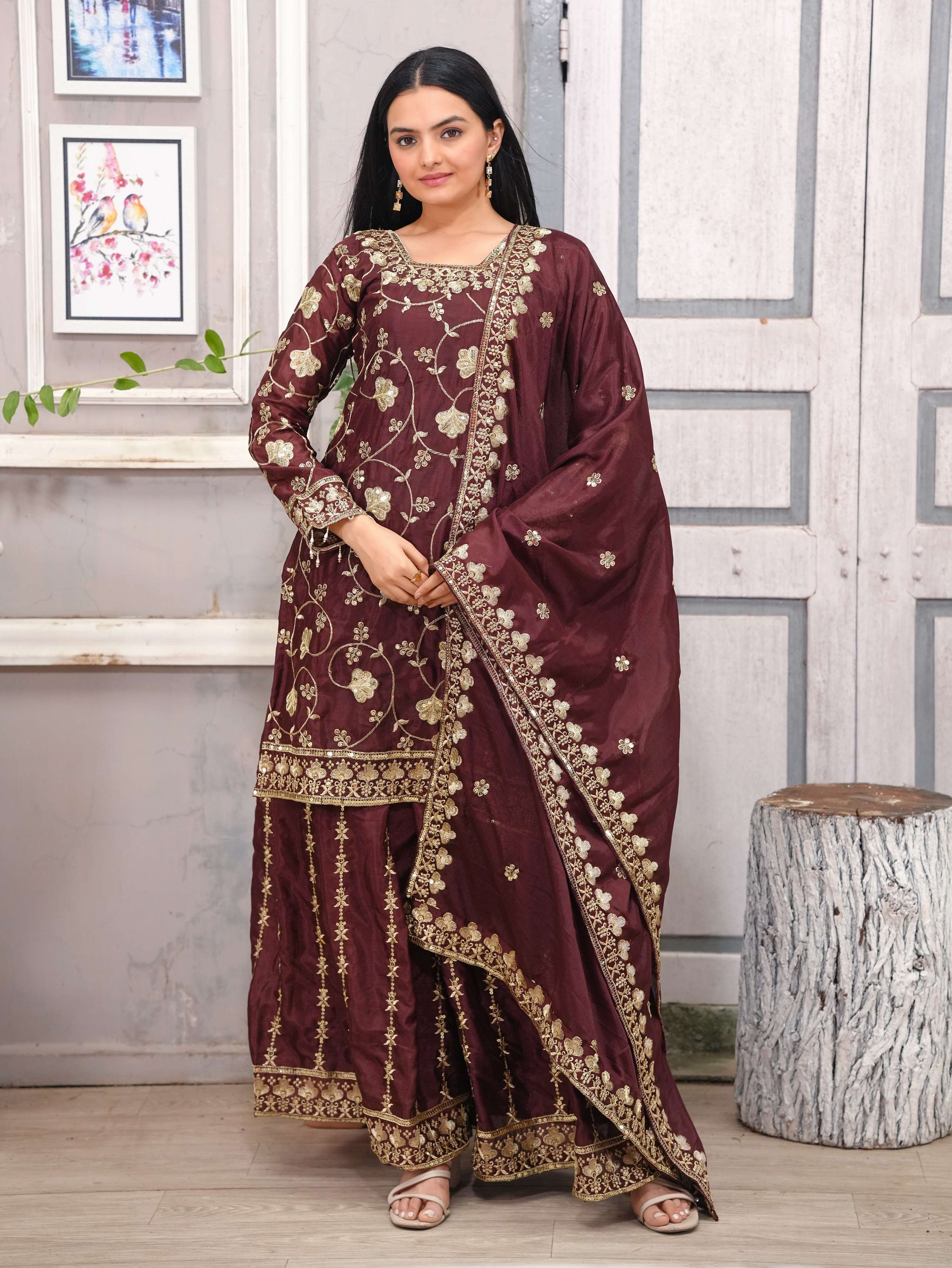 Lehenga Mart Designer Chinon Sharara Suit With Sequence Embroidered Work - Brown - Distacart