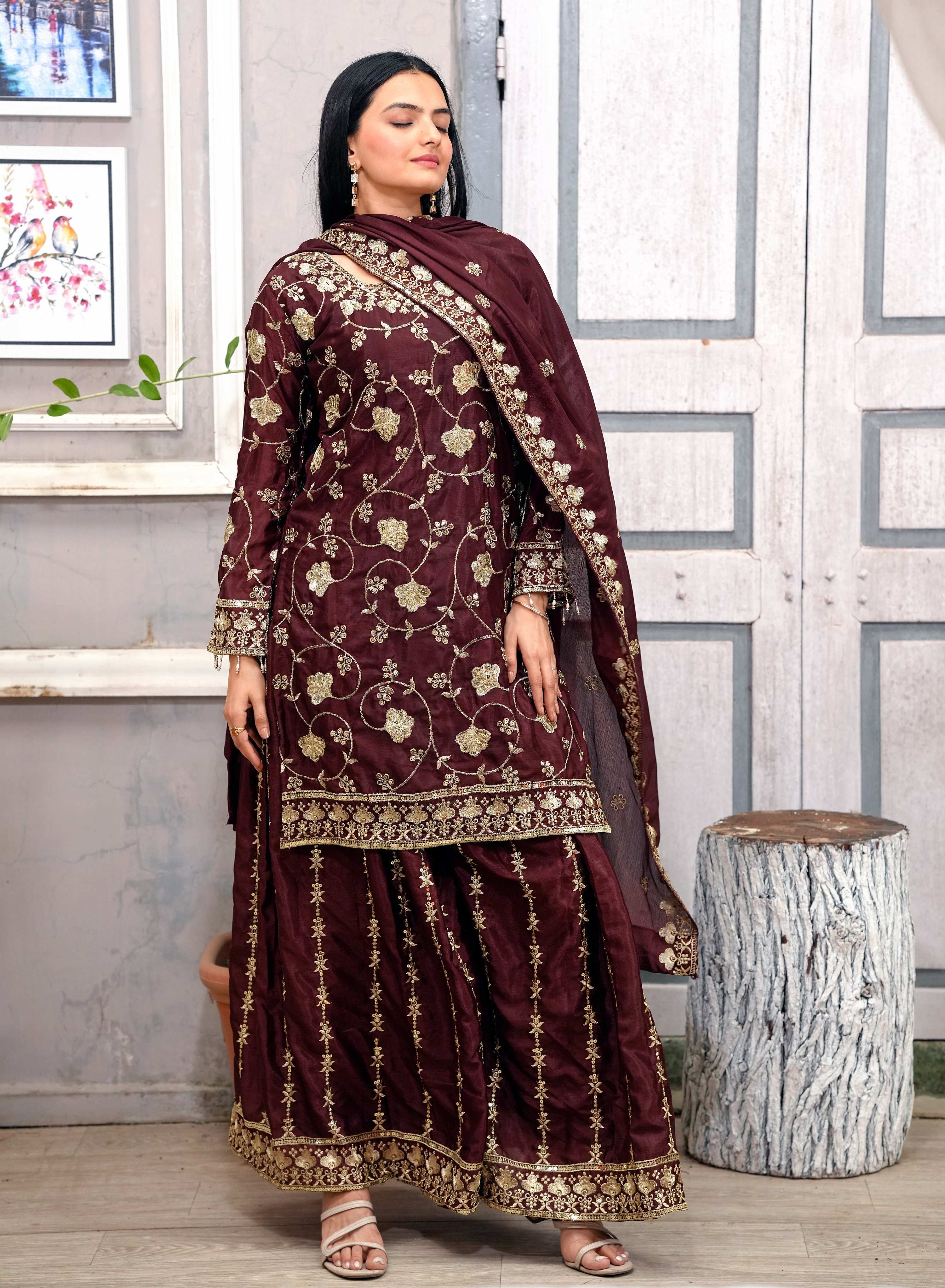 Lehenga Mart Designer Chinon Sharara Suit With Sequence Embroidered Work - Brown - Distacart