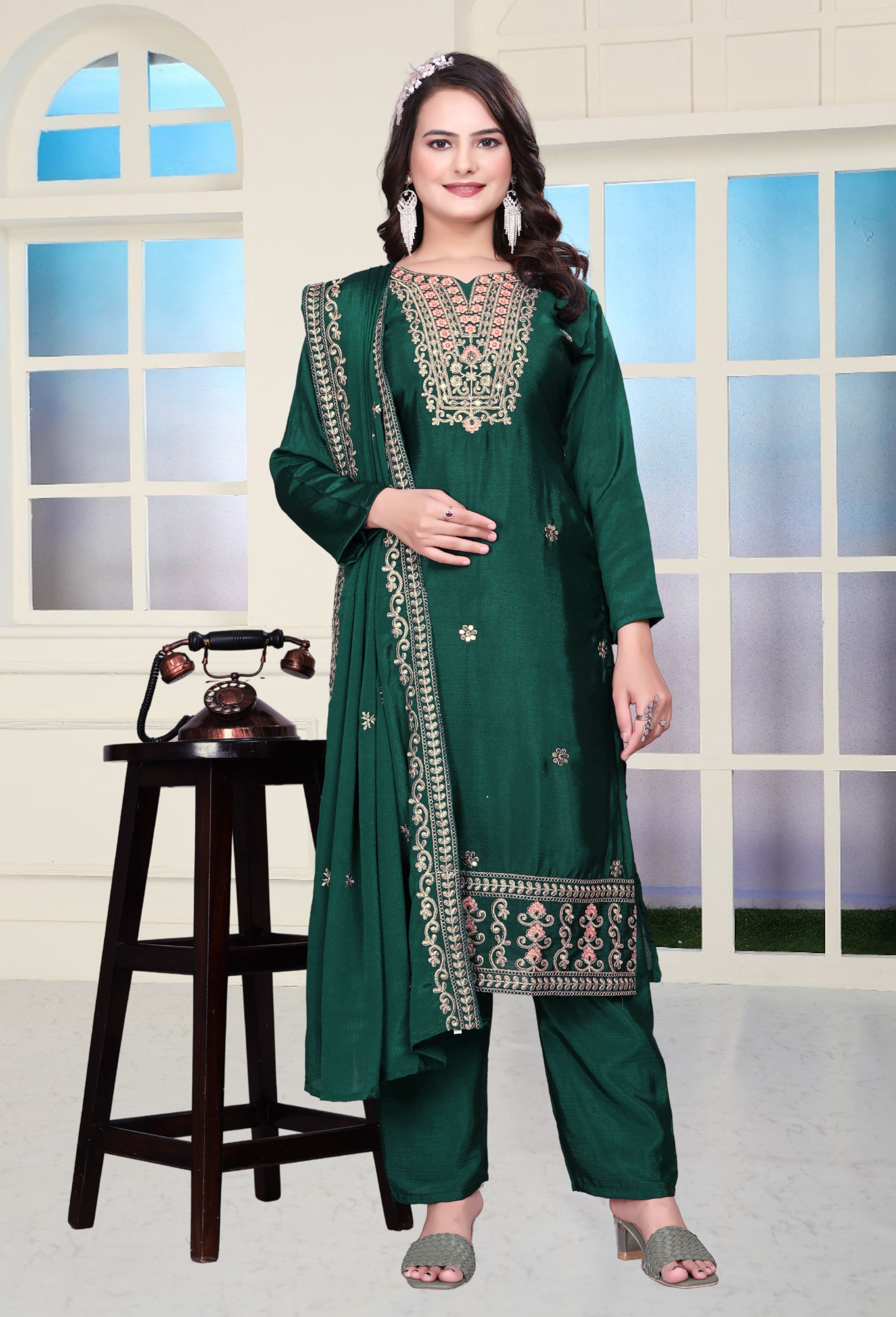 Lehenga Mart Designer Chinon Sharara Suit With Coding Sequence Embroidered Work - Green - Distacart