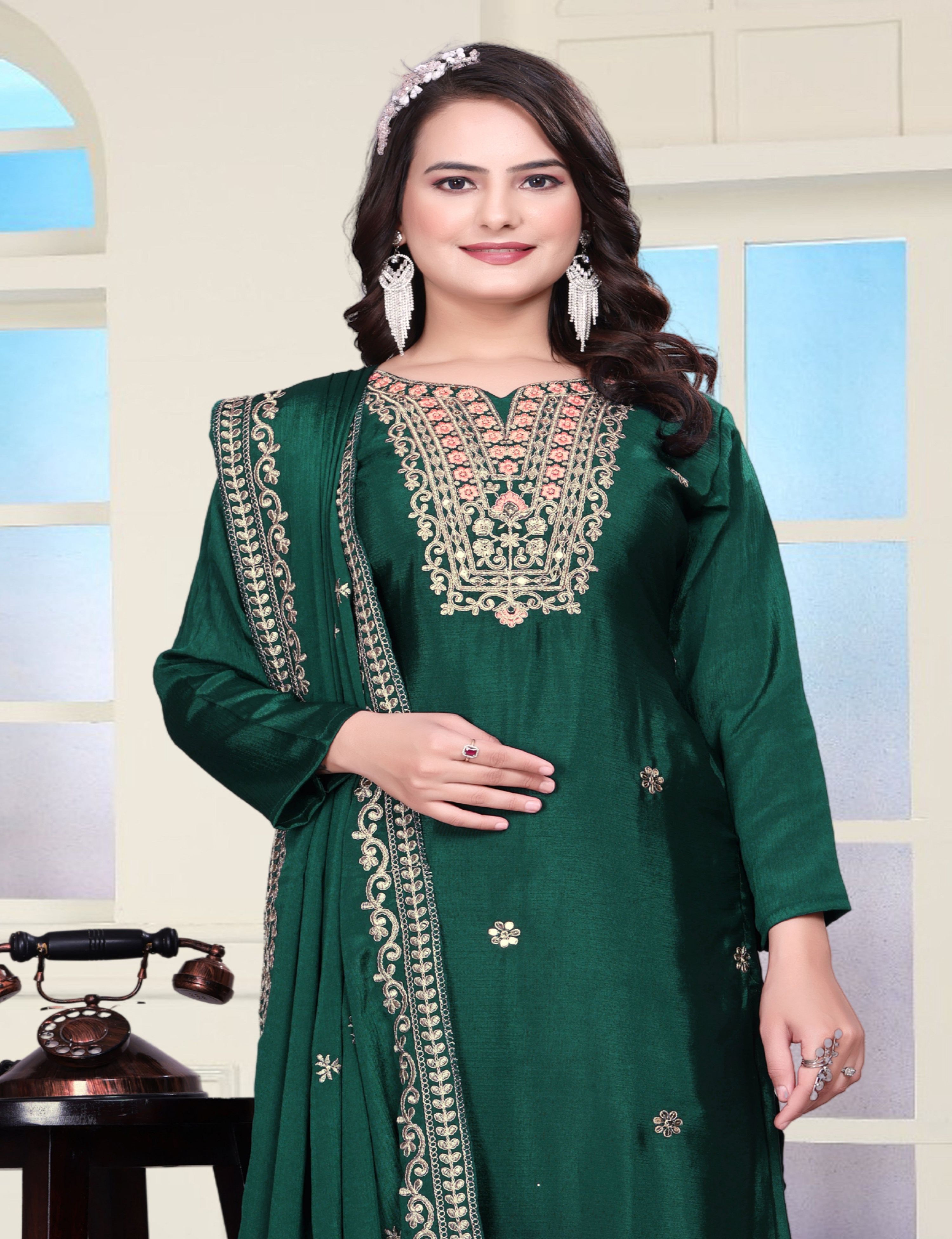 Lehenga Mart Designer Chinon Sharara Suit With Coding Sequence Embroidered Work - Green - Distacart