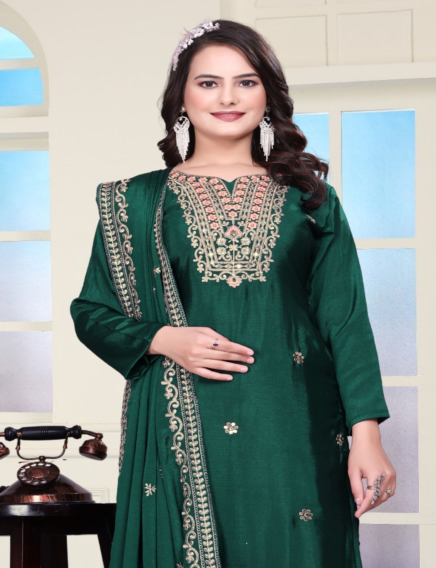 Lehenga Mart Designer Chinon Sharara Suit With Coding Sequence Embroidered Work - Green - Distacart