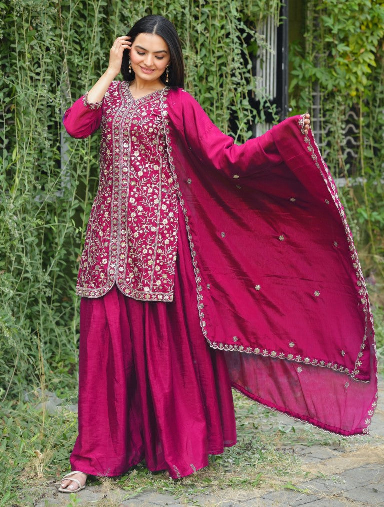 Lehenga Mart Designer Chinon Sharara Suit With Sequence Embroidered Work - pink - Distacart