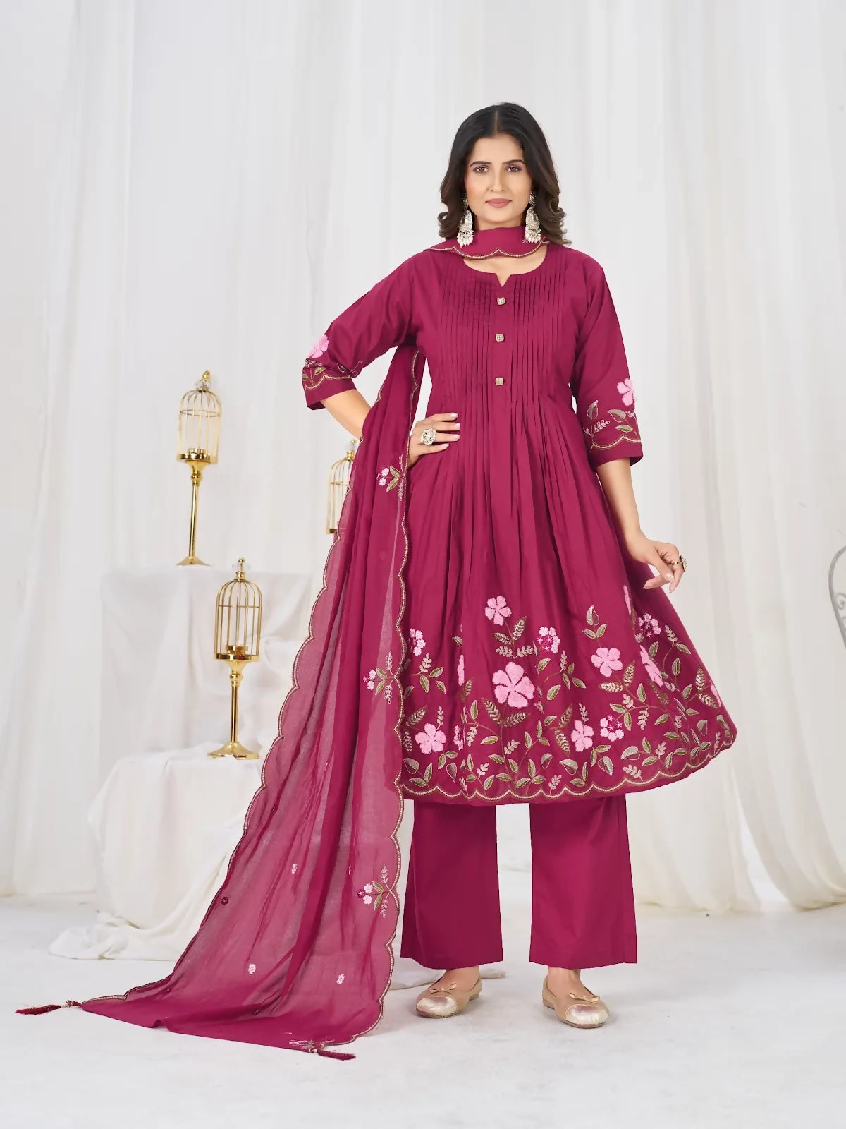 Teeya Creation Rani Pink Women Embroidered Cotton Blend A-Line Kurta Set with Pants and Scalloped Dupatta - Dista