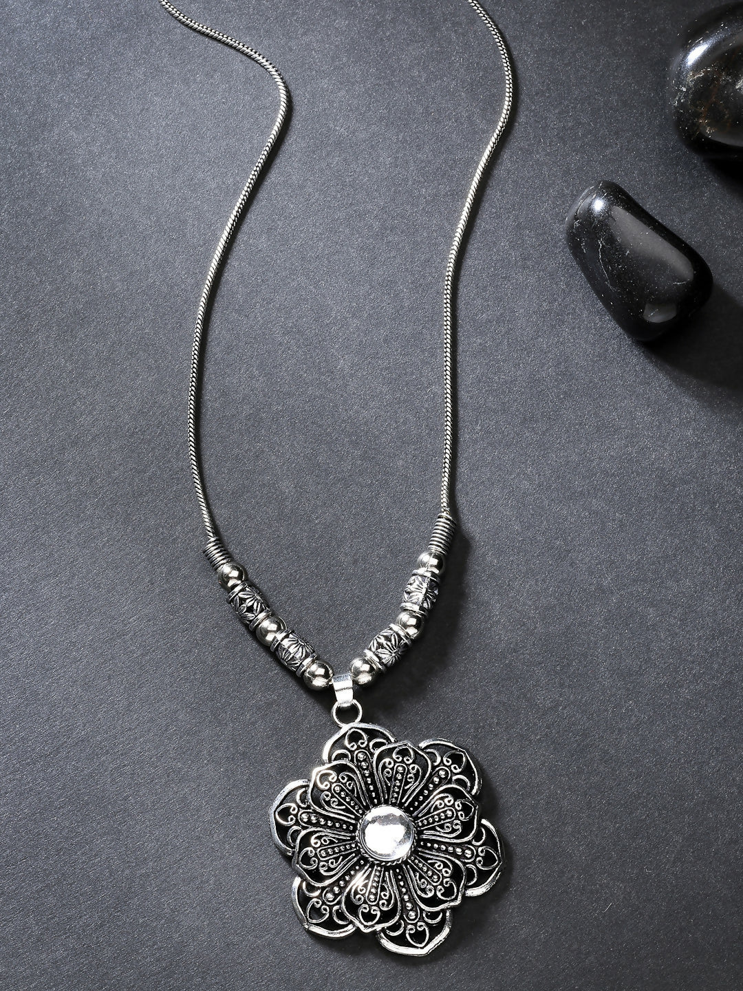 NVR Women's Silver-Toned Floral Shape Pendant with Chain - Distacart