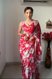 Thumbnail for Malishka Georgette Printed Ready To Wear Saree With Blouse Piece - Red - Distacart